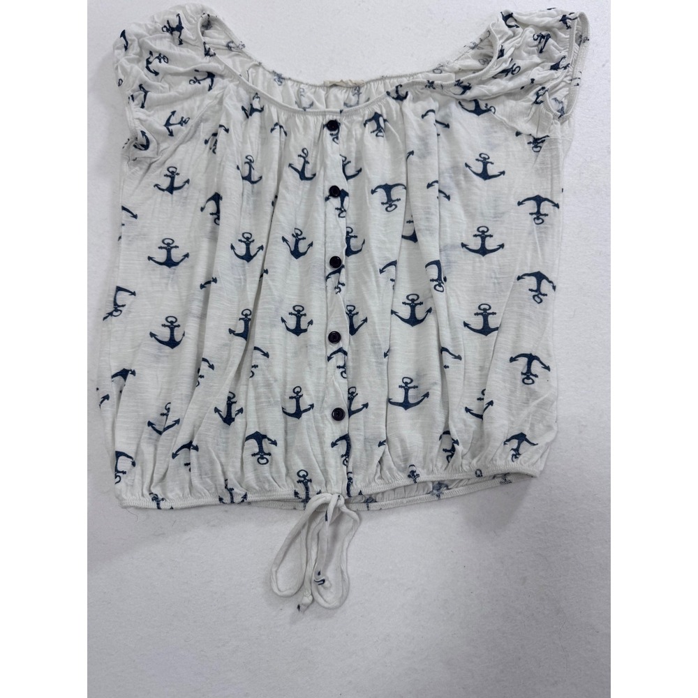 Womens White Navy Blue Anchor Print Button Front Tie Hem Top Size Medium